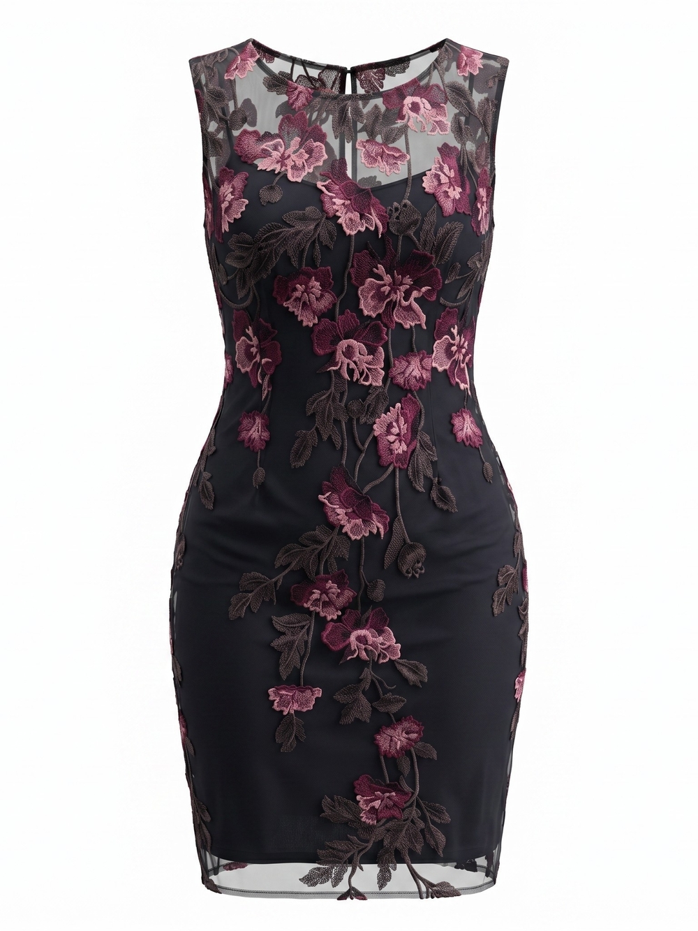 Adrianna Papell Black Midi Sheath Dress with Plum Floral Embroidery